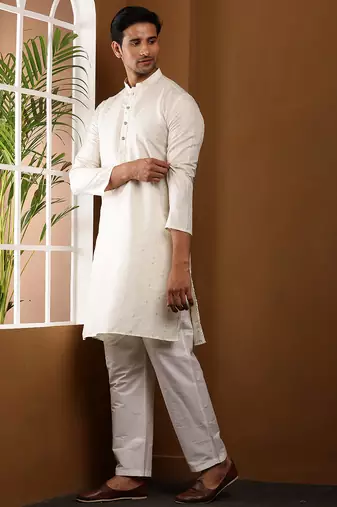 Men's beige viscose blend kurta with self-texture and mandarin collar
