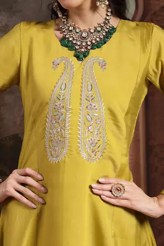 lime green thread-work a-line kurta trouser dupatta set