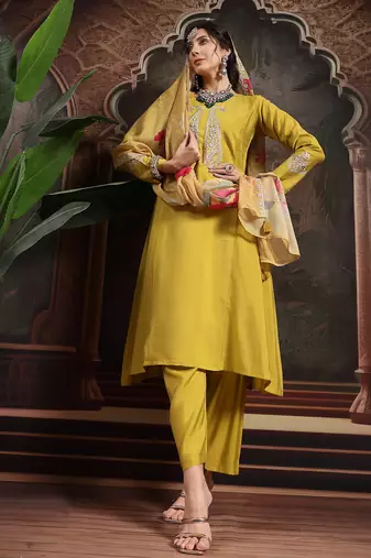 lime green thread-work a-line kurta trouser dupatta set