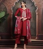 maroon thread-work a-line kurta trouser dupatta set