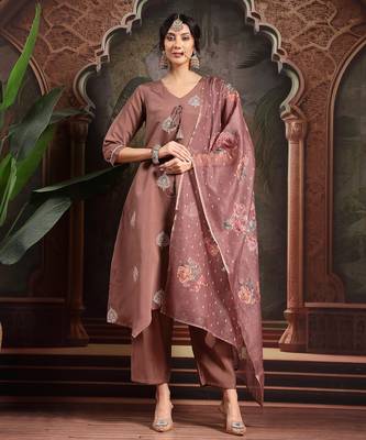 brown zari work a-line kurta trouser dupatta set 1