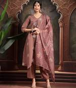 brown zari work a-line kurta trouser dupatta set