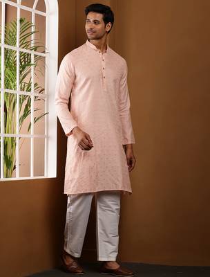 Men's salmon peach viscose blend kurta with classic cut 4