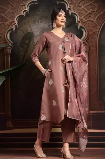 brown zari work a-line kurta trouser dupatta set