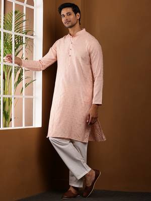 Men's salmon peach viscose blend kurta with classic cut 5