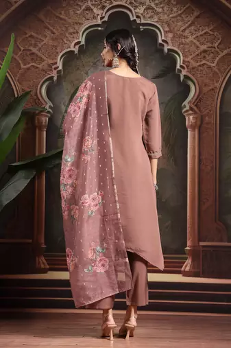 brown zari work a-line kurta trouser dupatta set