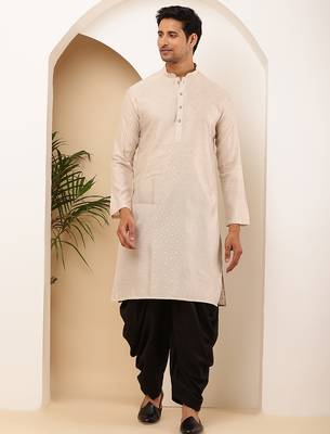 Men's peach viscose blend kurta with festive finish and straight cut 1