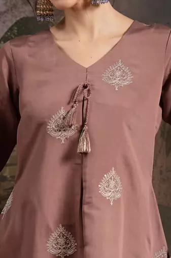 brown zari work a-line kurta trouser dupatta set