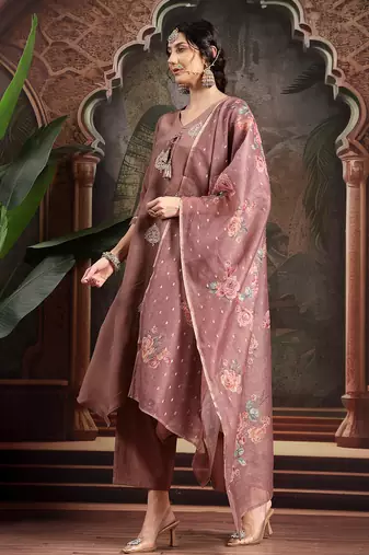 brown zari work a-line kurta trouser dupatta set