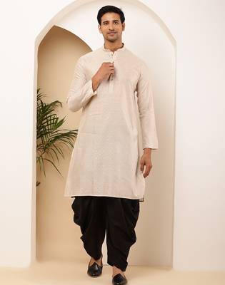 Men's peach viscose blend kurta with festive finish and straight cut 2