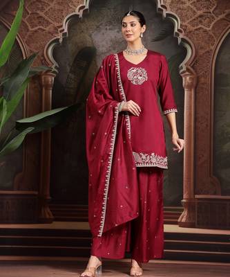 maroon embroidered a-line kurta palazzo dupatta set 1