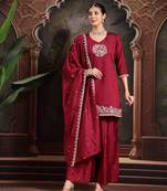 maroon embroidered a-line kurta palazzo dupatta set