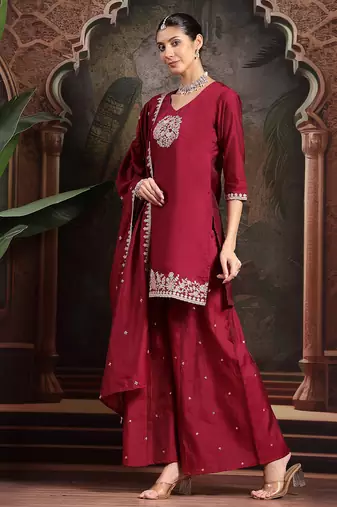 maroon embroidered a-line kurta palazzo dupatta set