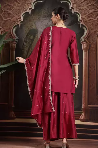 maroon embroidered a-line kurta palazzo dupatta set