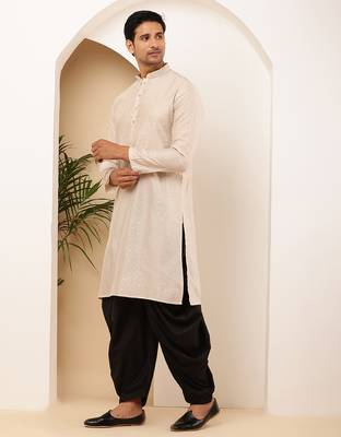 Men's peach viscose blend kurta with festive finish and straight cut 5