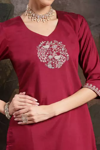 maroon embroidered a-line kurta palazzo dupatta set