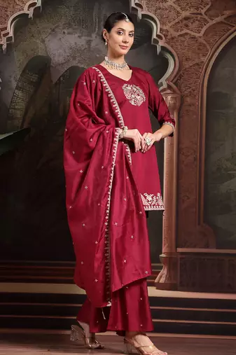 maroon embroidered a-line kurta palazzo dupatta set