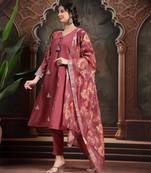 maroon roman embroidered a-line kurta trouser dupatta set