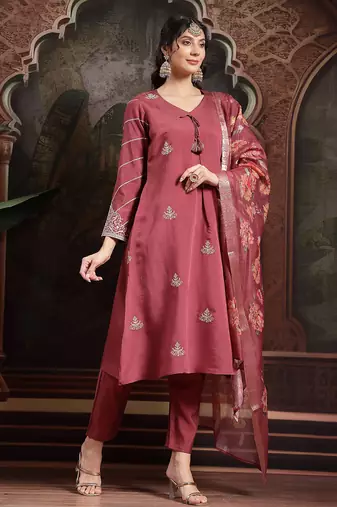 maroon roman embroidered a-line kurta trouser dupatta set