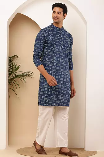 Men's navy blue viscose blend kurta with abstract block print