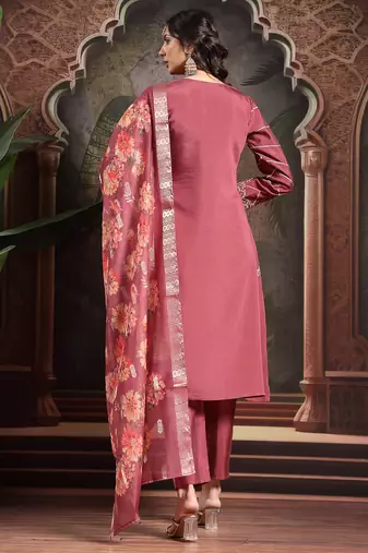 maroon roman embroidered a-line kurta trouser dupatta set
