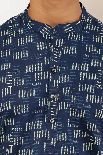 Men's navy blue viscose blend kurta with abstract block print