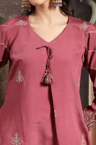 maroon roman embroidered a-line kurta trouser dupatta set