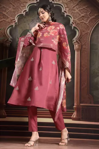 maroon roman embroidered a-line kurta trouser dupatta set
