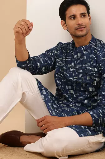 Men's navy blue viscose blend kurta with abstract block print