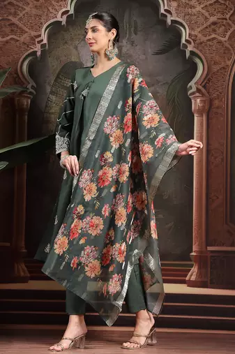 green roman embroidered a-line kurta trouser dupatta set