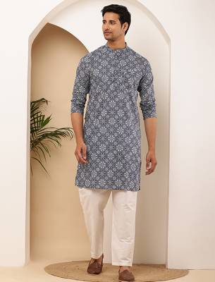 Men's steel blue viscose blend kurta with subtle texture 1