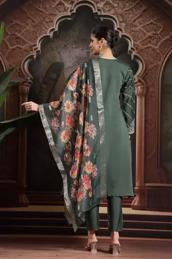 green roman embroidered a-line kurta trouser dupatta set