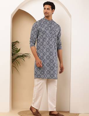 Men's steel blue viscose blend kurta with subtle texture 2