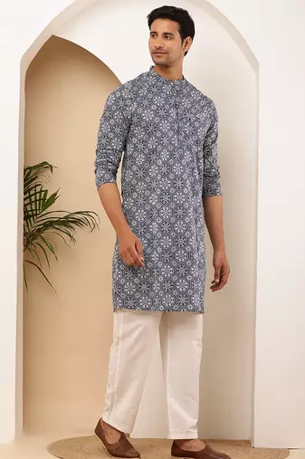 Men's steel blue viscose blend kurta with subtle texture
