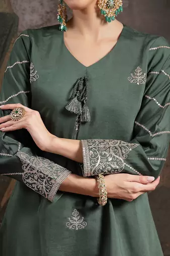 green roman embroidered a-line kurta trouser dupatta set