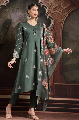 green roman embroidered a-line kurta trouser dupatta set