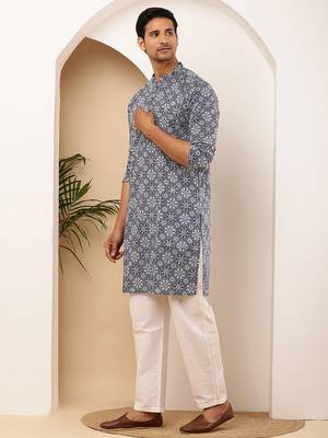 Men's steel blue viscose blend kurta with subtle texture 3