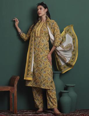 mustard cotton ethnic motifs,beads and stones kurta pants dupatta set 1