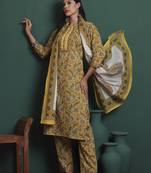 mustard cotton ethnic motifs,beads and stones kurta pants dupatta set
