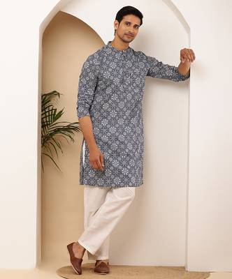 Men's steel blue viscose blend kurta with subtle texture 4