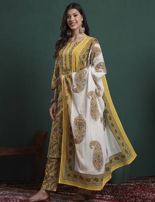 mustard cotton ethnic motifs,beads and stones kurta pants dupatta set 2