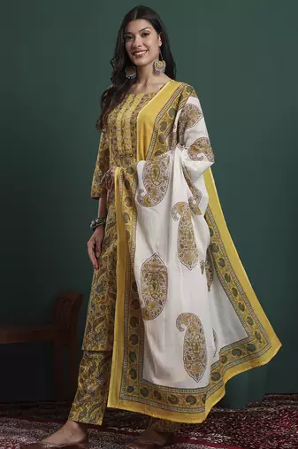 mustard cotton ethnic motifs,beads and stones kurta pants dupatta set