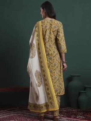 mustard cotton ethnic motifs,beads and stones kurta pants dupatta set 3