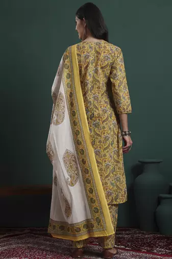 mustard cotton ethnic motifs,beads and stones kurta pants dupatta set