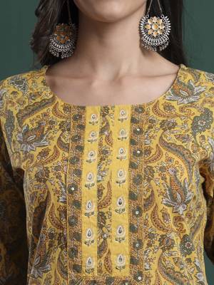 mustard cotton ethnic motifs,beads and stones kurta pants dupatta set 4