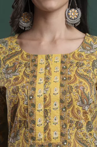 mustard cotton ethnic motifs,beads and stones kurta pants dupatta set