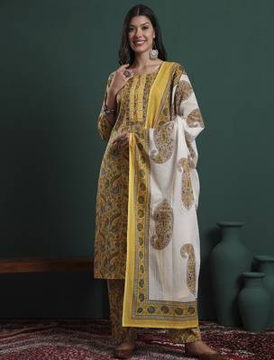 mustard cotton ethnic motifs,beads and stones kurta pants dupatta set 5
