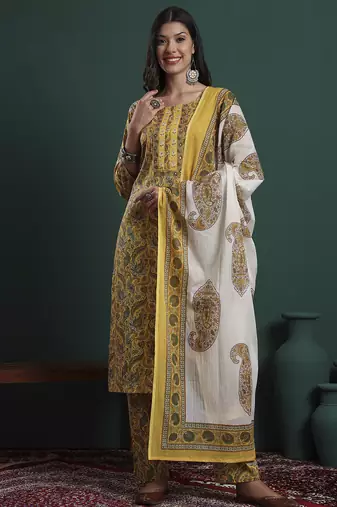 mustard cotton ethnic motifs,beads and stones kurta pants dupatta set