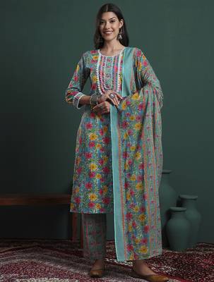 turquoise blue cotton floral print lace work kurta pants dupatta set 1