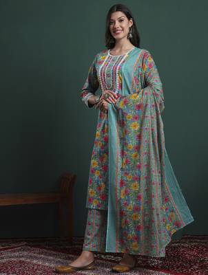 turquoise blue cotton floral print lace work kurta pants dupatta set 2